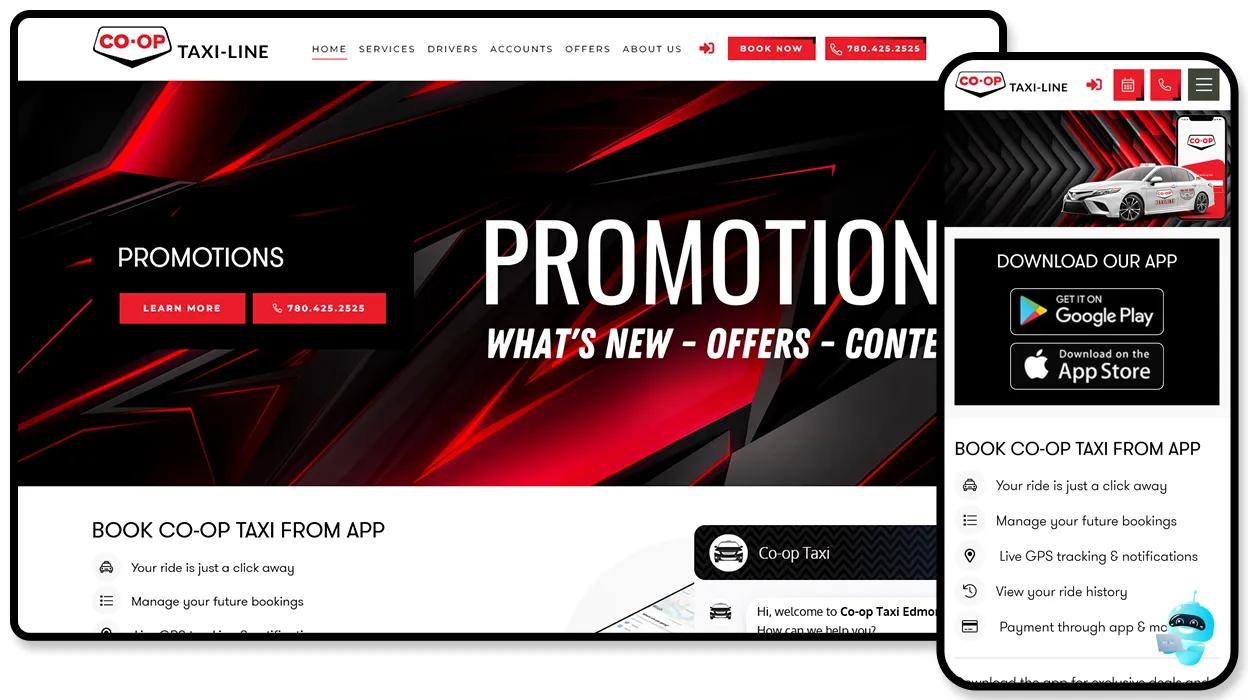 Co-op Taxi-Line website promoting its ride-booking app for Google Play and the App Store.