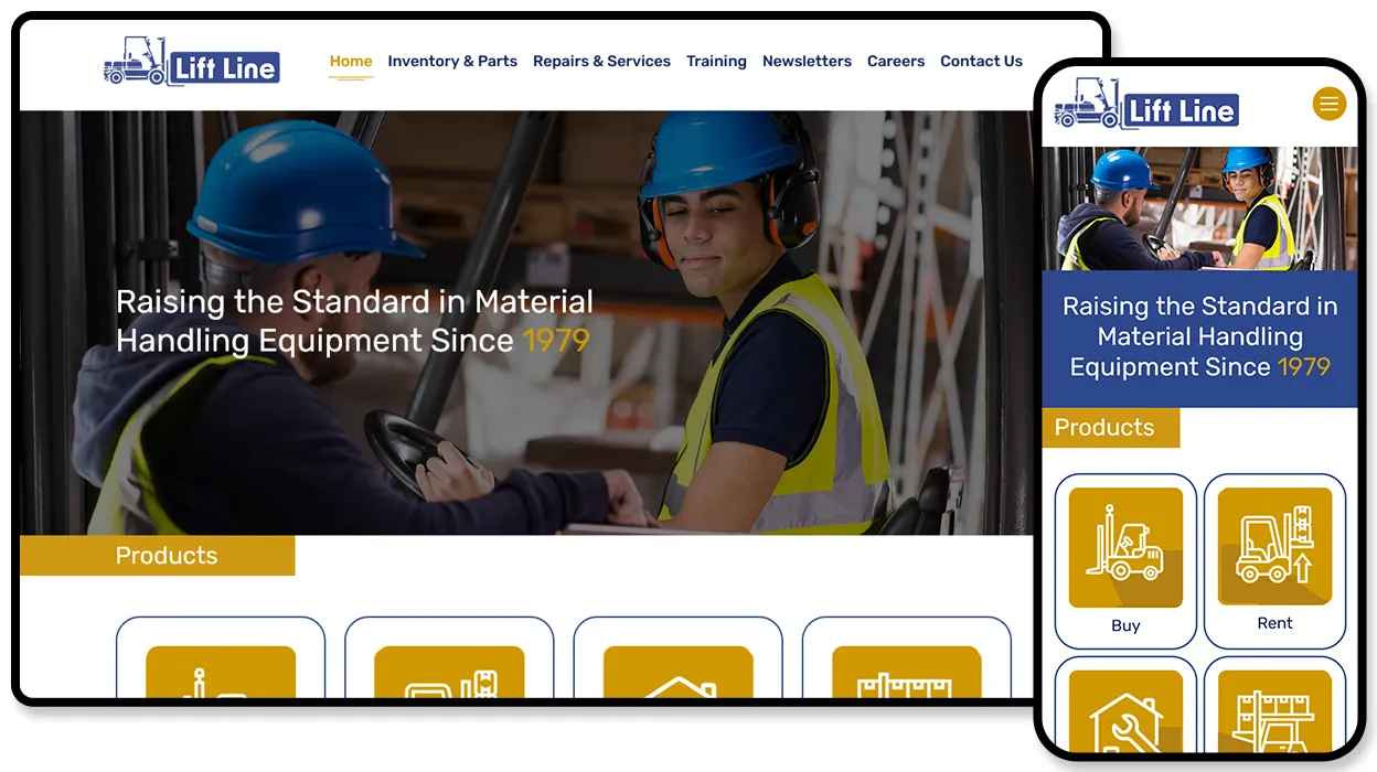 Lift Line website for a material handling equipment dealer, with buy, rent and repair options for forklifts.