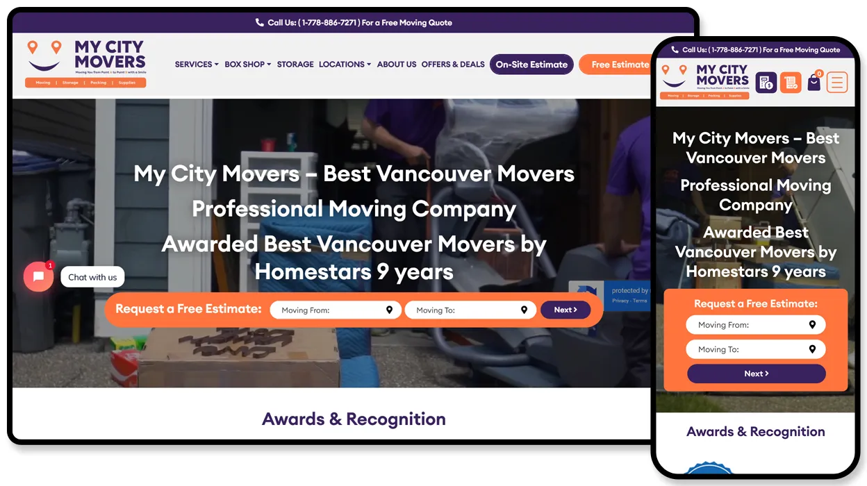 My City Movers website for a Vancouver moving company, with a free moving estimate request form.