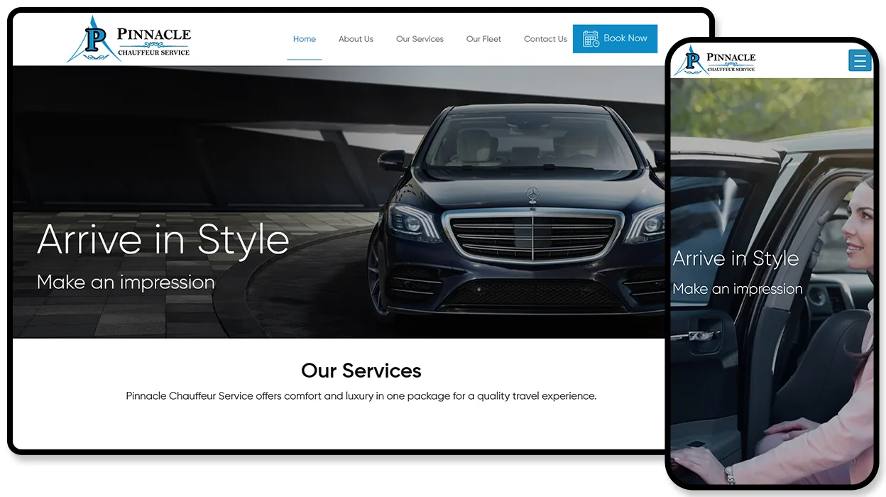 Pinnacle Chauffeur Service website showing a black executive sedan under the line “Arrive in Style”.