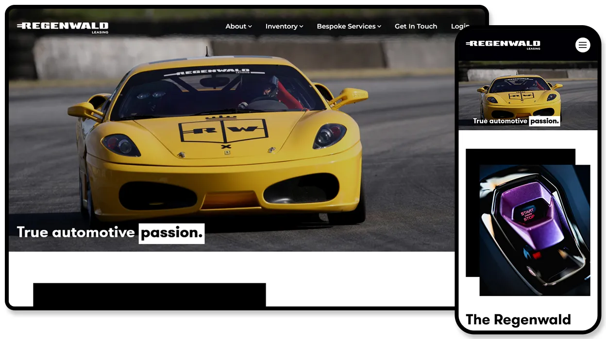 Regenwald Leasing website showing a yellow sports car on track under the line “True automotive passion”.