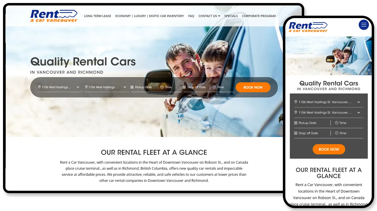 Rent a Car Vancouver website with a rental booking form and an overview of its fleet.