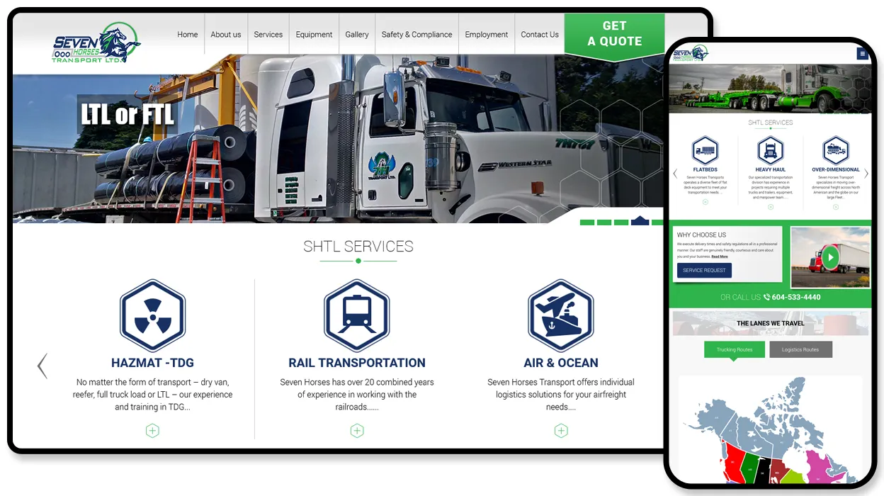 Seven Horses Transport website showing LTL and FTL freight services, hazmat and rail transportation.