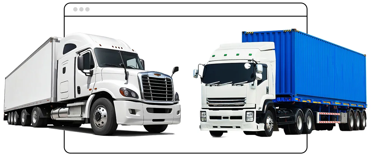 Browser mockup showing a highway tractor-trailer alongside a container truck on a transportation company website.