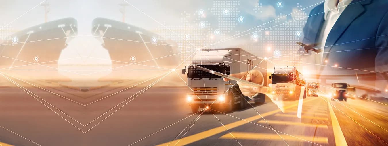Illustration of a global logistics network — cargo ships, freight trucks and air freight linked by a digital data overlay.