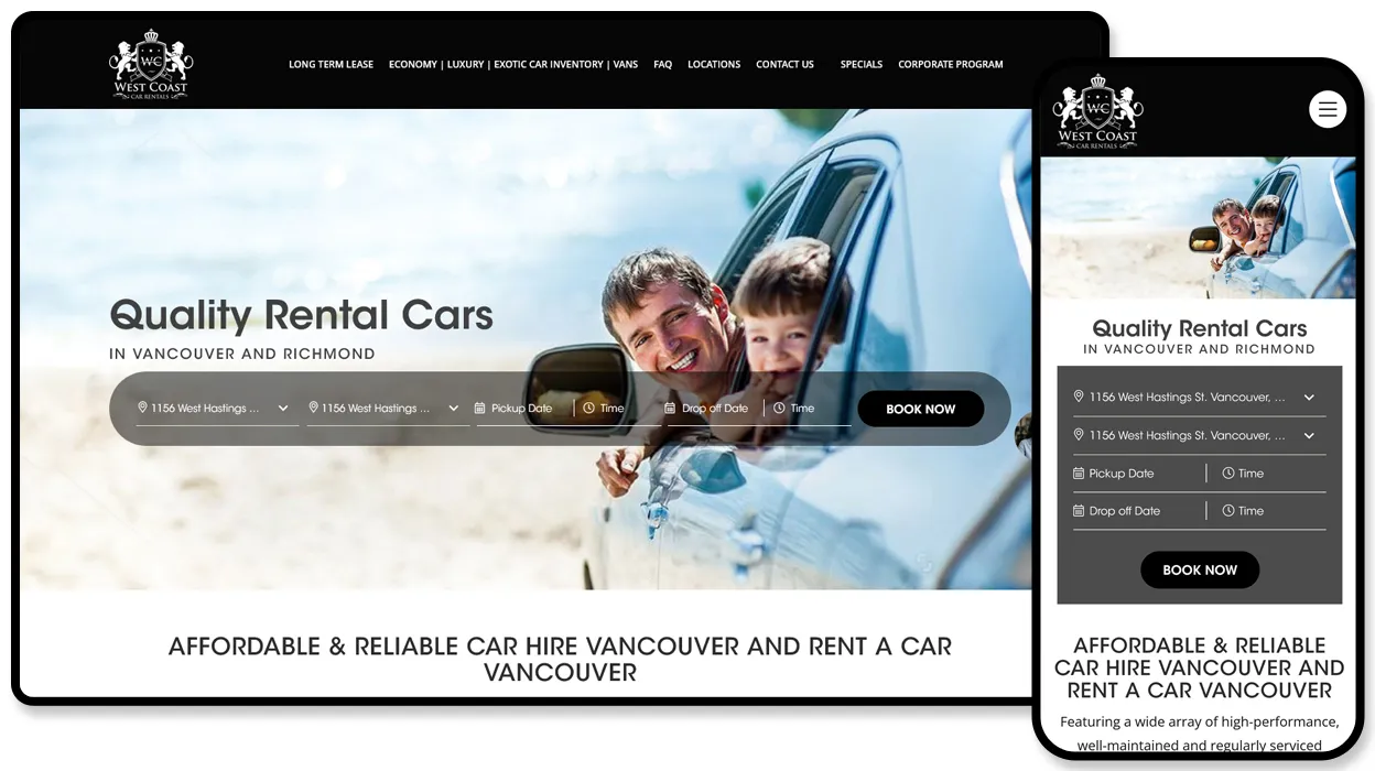 West Coast Car Rentals website with a booking form for luxury and exotic car hire in Vancouver.